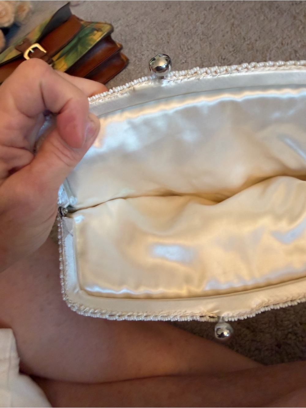 Vintage White Beaded Evening Clutch Pearl Embellished Bag 1950’s Satin Lining - Picture 6 of 8